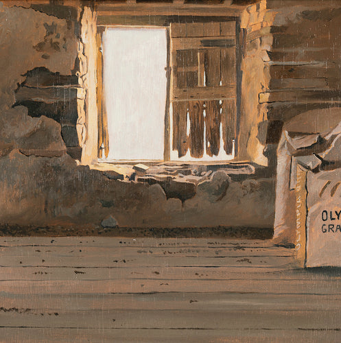 Painting of a rustic interior with stone walls and a window.