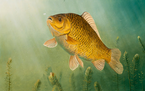 Underwater crucian carp fish art print.EA Rod licence paintings by artist David Miller