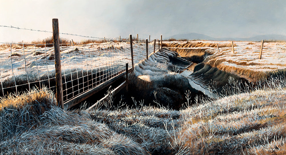 Landscape art print of a frosty marsh looking out towards Laugharne, Carmarthenshire by artist David Miller