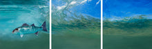 Load image into Gallery viewer, Bass in the Surf Zone original triptych fish art painting of European bass by wildlife artist David Miller. Dicentrarchus labrax.