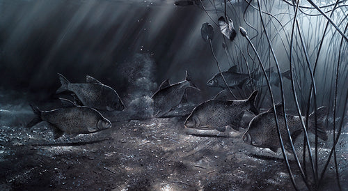 Midnight Bream black and white fishing art print by wildlife artist david miller