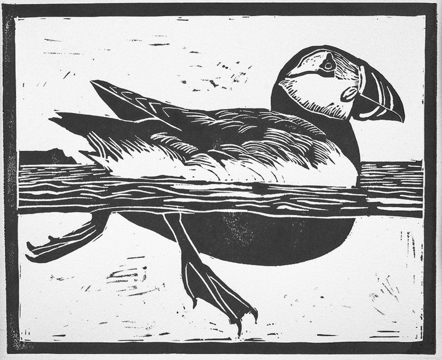 Skomer Puffin Lino Cut (mounted)