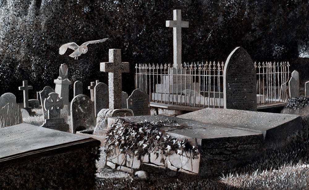 The Nightwatchman, Barn Owl flying through the graveyard at Laugharne at night. Bird art print by wildlife artist david miller
